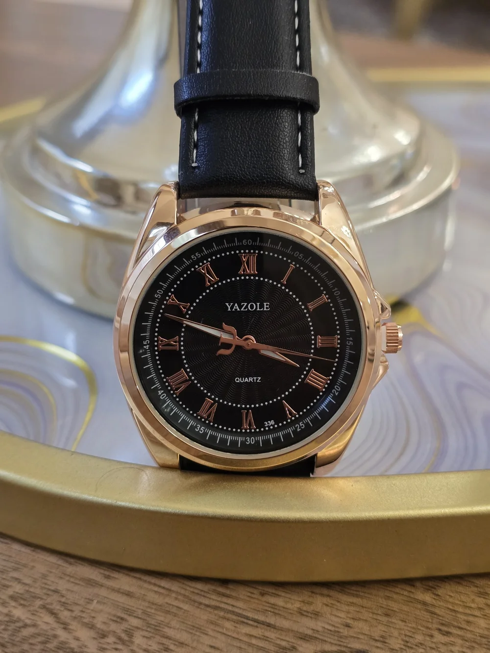 Yazole Men's Black Dial Rose Gold Case Leather Strap Watch